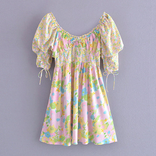 Pastel Floral Puff Sleeve Mini Dress