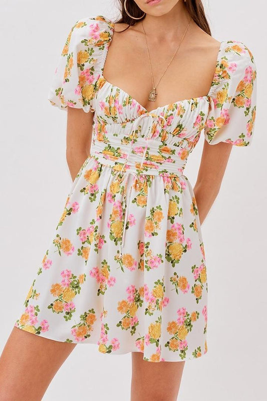 Puff Sleeve Square Neck Floral Mini Dress