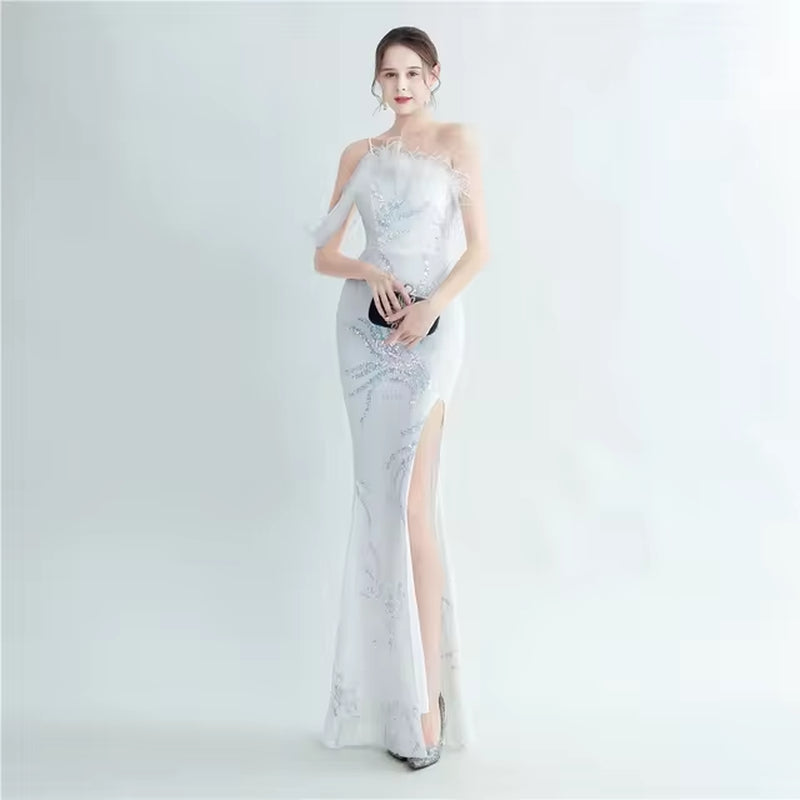 Asymmetric One-Shoulder Sequin Mermaid Dress with Feathers