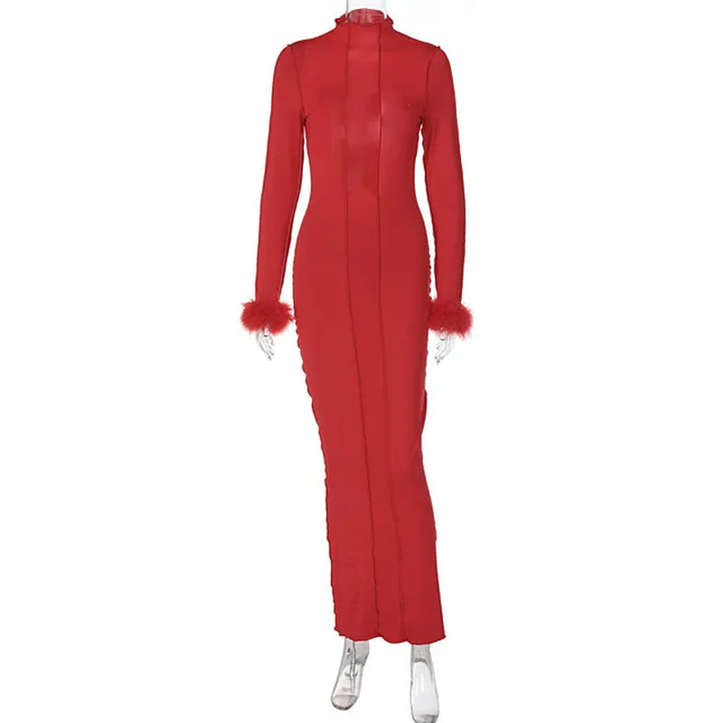 Autumn Backless Maxi Dress with Fur Trim for Women