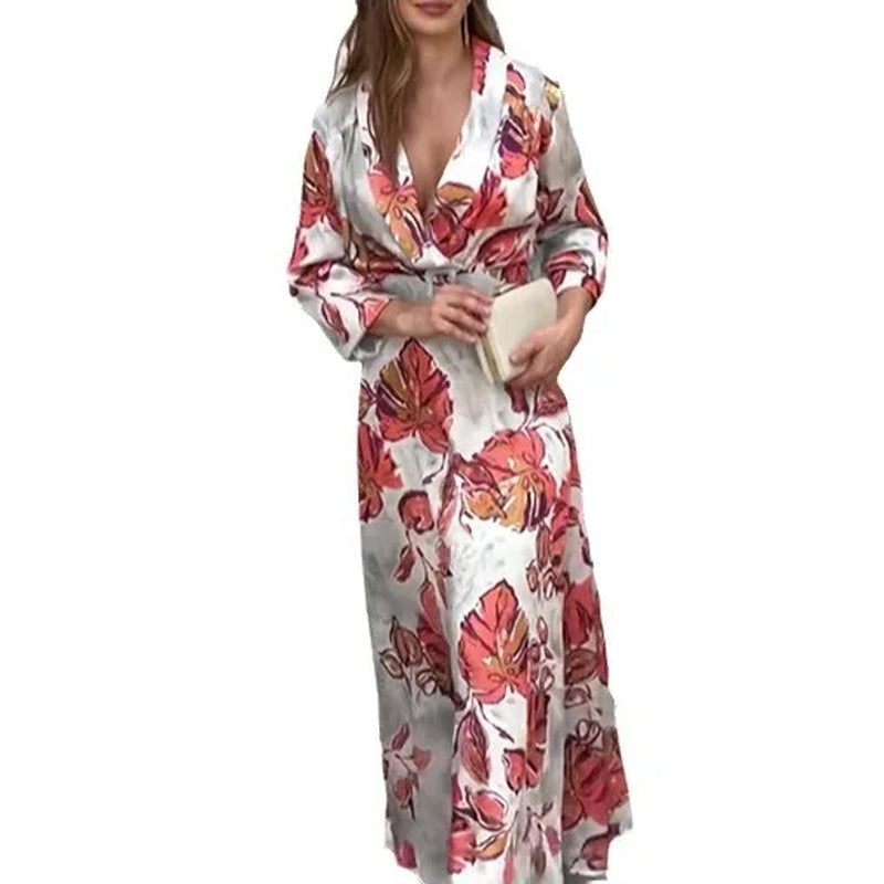 Autumn Printed Deep V-Neck Slim Fit Dress