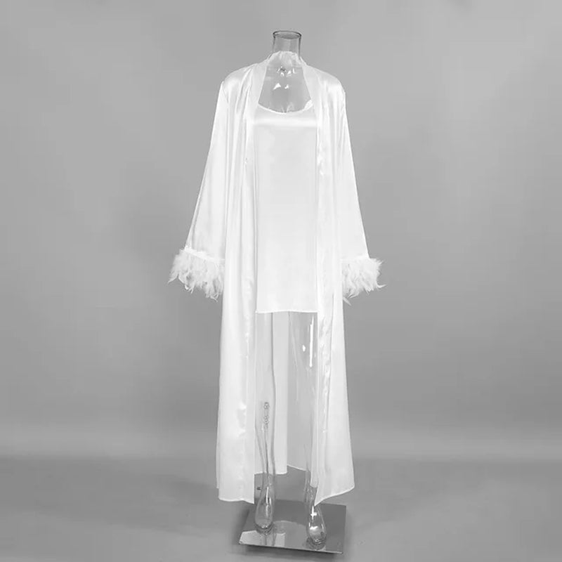 Autumn Sexy Suspender Pajama Set with Feather Sleeves
