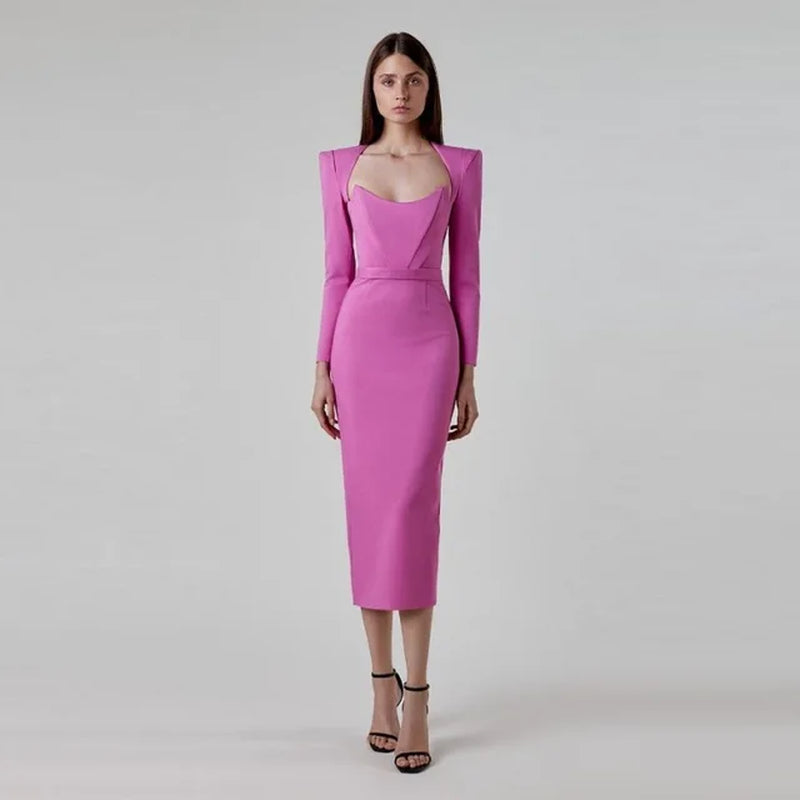 Autumn Square Neck Shoulder Pad Long Sleeve Dress