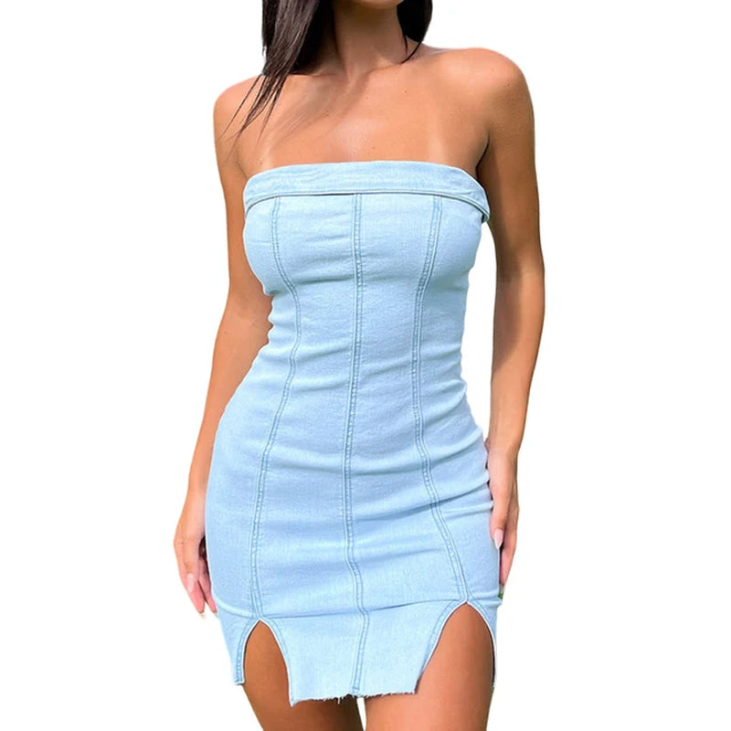 Backless Summer Mini Tube Top Dress with Side Slit
