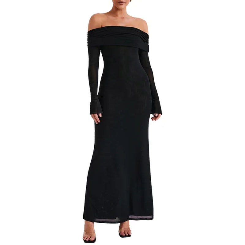 Backless Vintage Maxi Dress with Slash Neck Design