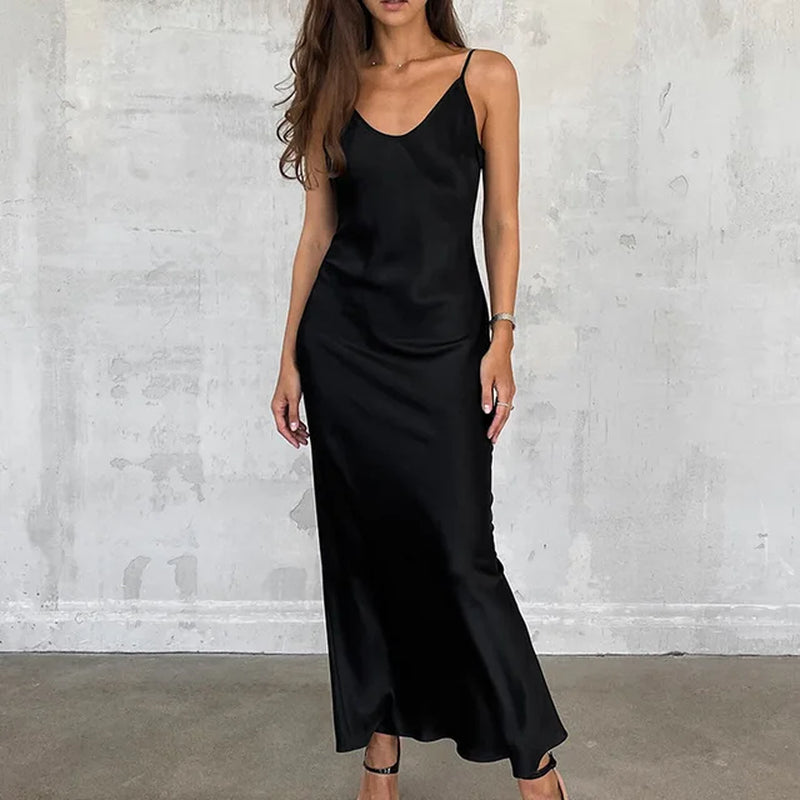 Black Satin Sleeveless V-Neck Mini Dress for Spring