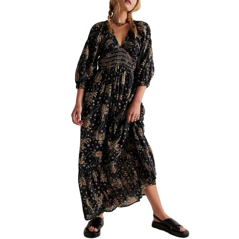 Bohemian Deep V Neck Tiered Swing Dress for Women