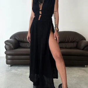 Bohemian Linen Blend Sleeveless Slit Maxi Skirt
