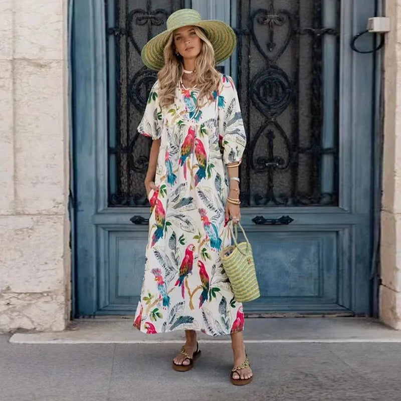 Boho Maxi Dress for Women - Vintage Short Sleeve A-Line