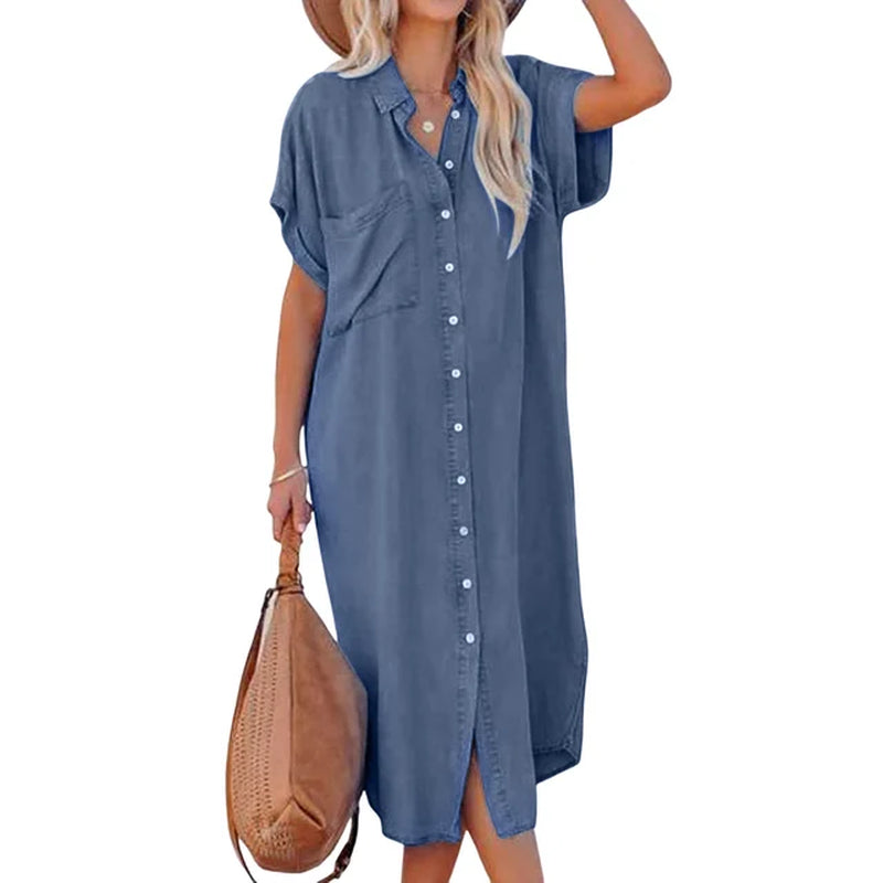 Casual Loose Fit Solid Color Dress with Pockets