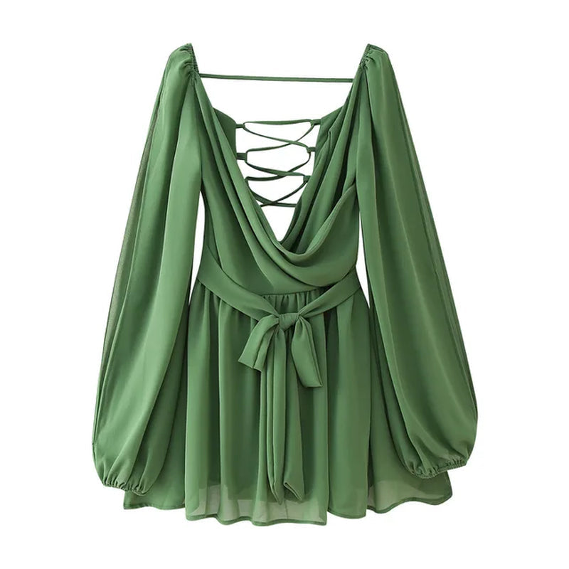 Casual Off-Shoulder Mini Green Dress with Belt