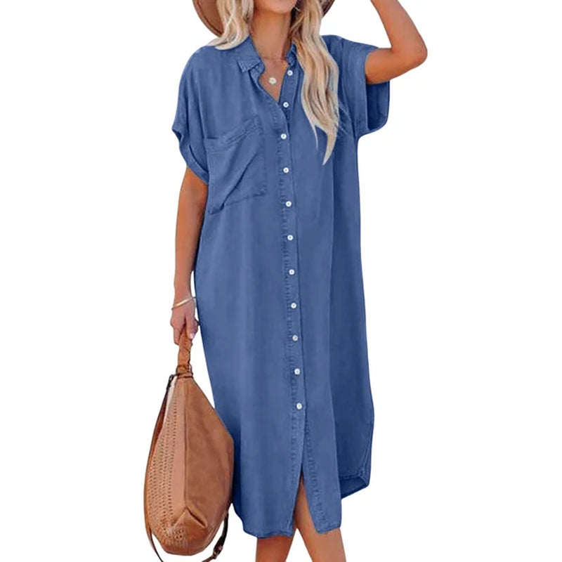 Casual Solid Color Lapel Collar Dress with Pockets