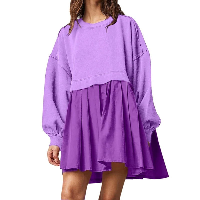 Casual Women's Pleated Mini Dress with Patchwork Design
