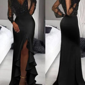 Chic Black Art Mesh Sequin Mid Waist Commuter Dress