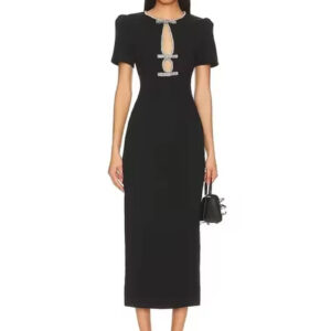 Chic Black Short Sleeve Diamond Bow Bodycon Midi Dress