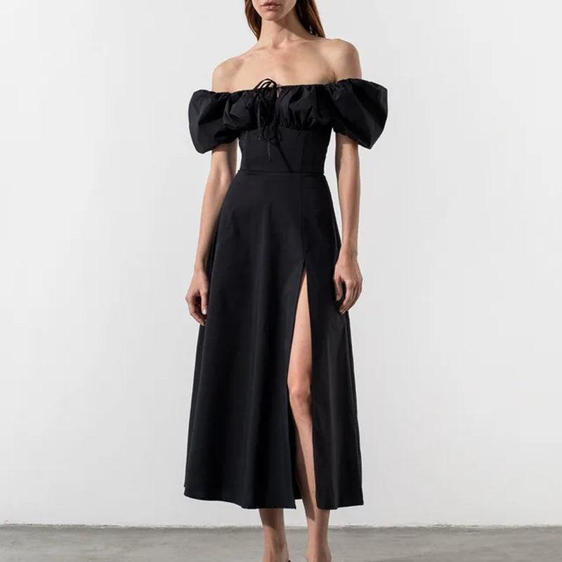 Chic Commuter Bubble Sleeve Lace-Up Split Dress