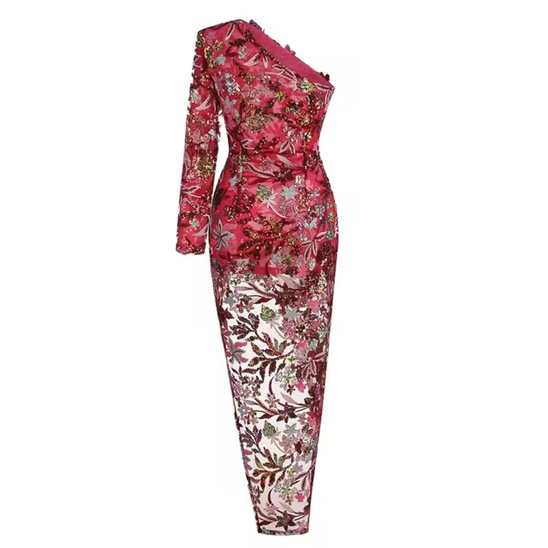 Chic Floral Embroidery One-Shoulder Long Dresses for Women