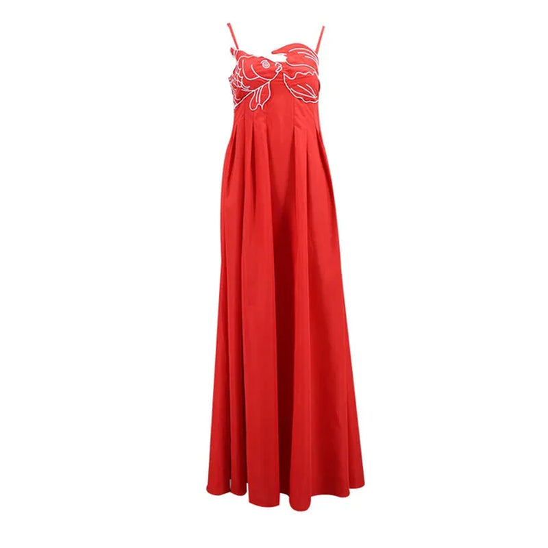 Chic Off-Shoulder Red Fish Print Maxi Dress ??? Women