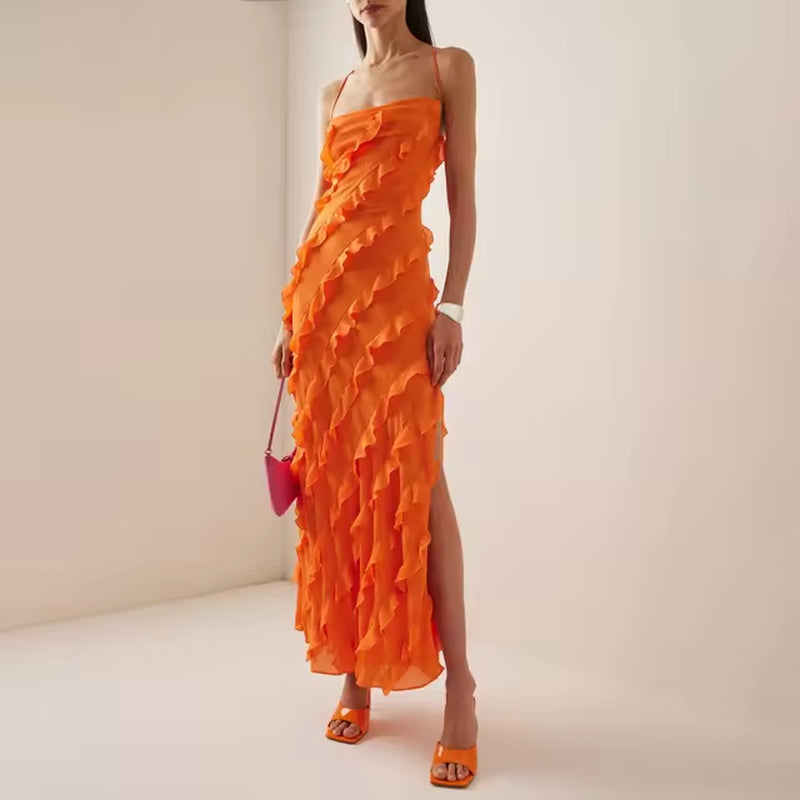 Chic Off-Shoulder Split Dress with Wood Ear Edge