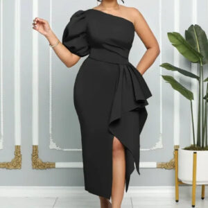 Chic One Shoulder Ruffled High Slit Maxi Dress