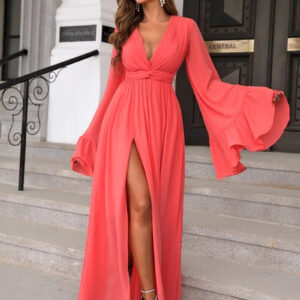 Chic Plunging Neck Chiffon Dress with Flounce Sleeves