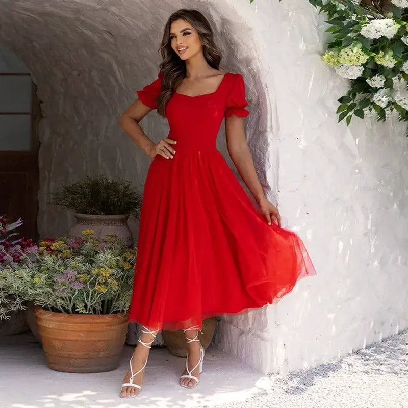 Chic Puff Sleeve Mesh Overlay Sweetheart Neck Dress
