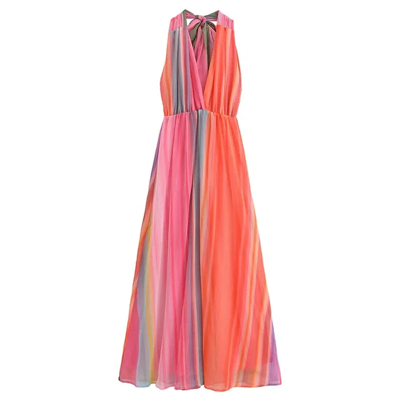Chic Rainbow Striped Halter Maxi Dress for Women