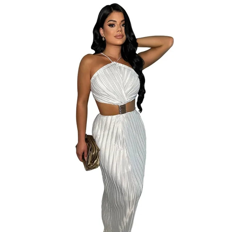 Chic Satin Halter Pleated Summer Swing Dress