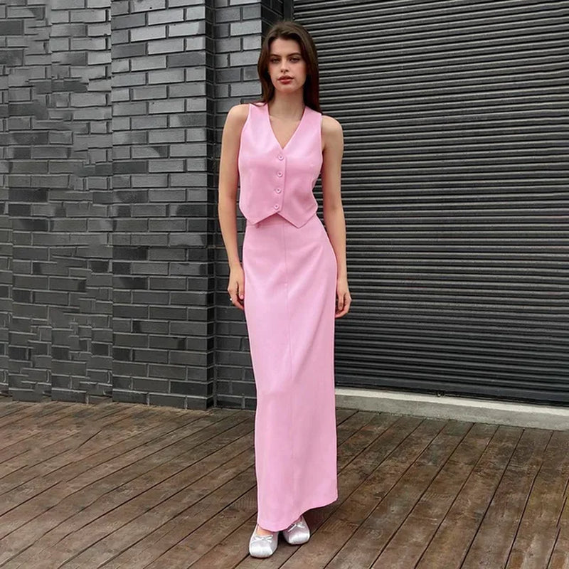 Chic Sleeveless Vest and Split Waist Skirt Set