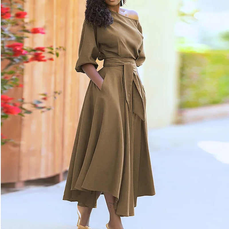 Chic Solid Color Tie-Up Waist Dress for Women