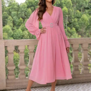 Chic Surplice Neck Flare Sleeve Belted Dress for Women