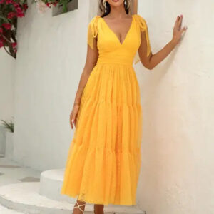 Chic Swiss Dot Ruffle Hem Tie Shoulder Mesh Dress