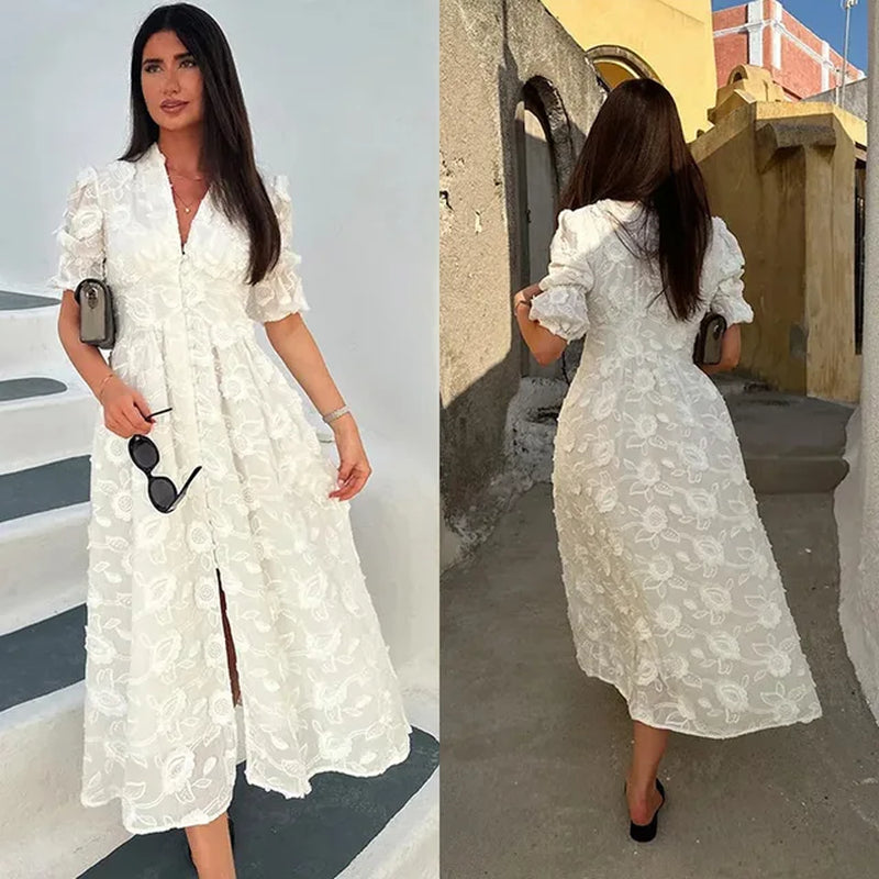 Chic White V-Neck Split Dress for Women