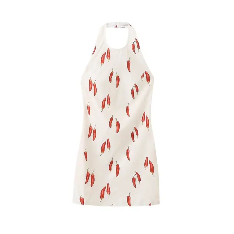 Chili Print Backless Halter Mini Dress for Summer