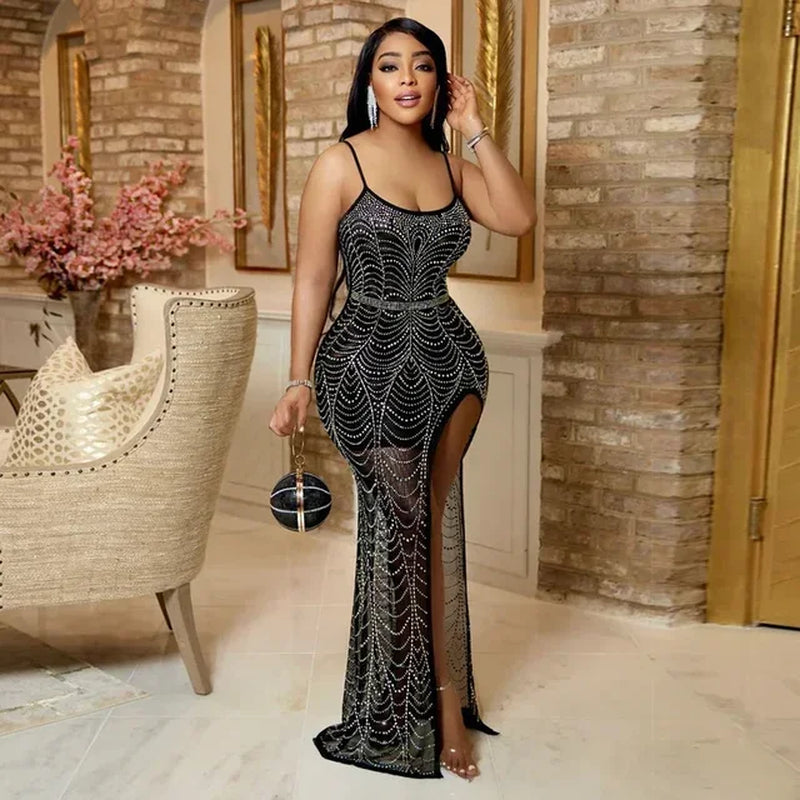 Crystal-Embellished Spaghetti Strap Side Split Maxi Dress