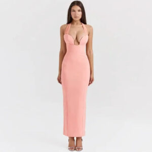 Deep V Halter Dress with Slit Skirt for Women