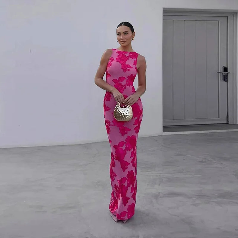 Elegant 3D Floral Maxi Dress with Backless Design
