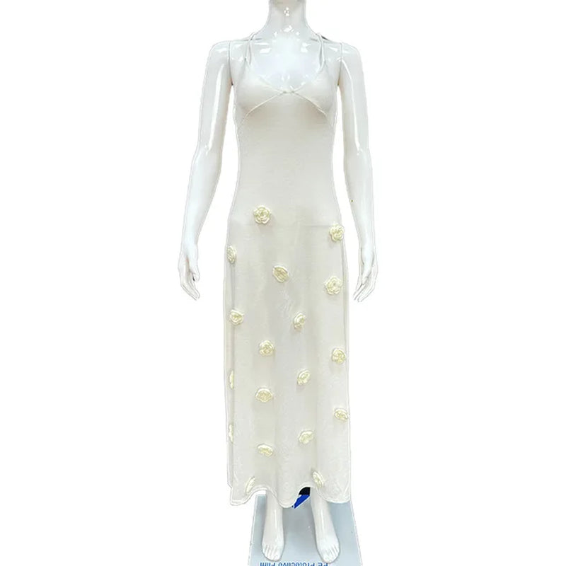 Elegant 3D Flower White Maxi Dress for Women