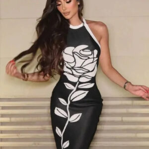 Elegant Backless Halter Black Midi Bodycon Dress for Women