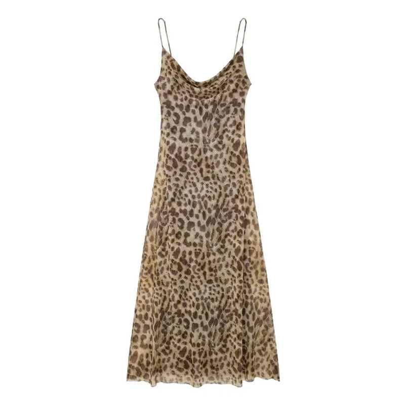 Elegant Backless Leopard Print Tulle Maxi Dress for Summer