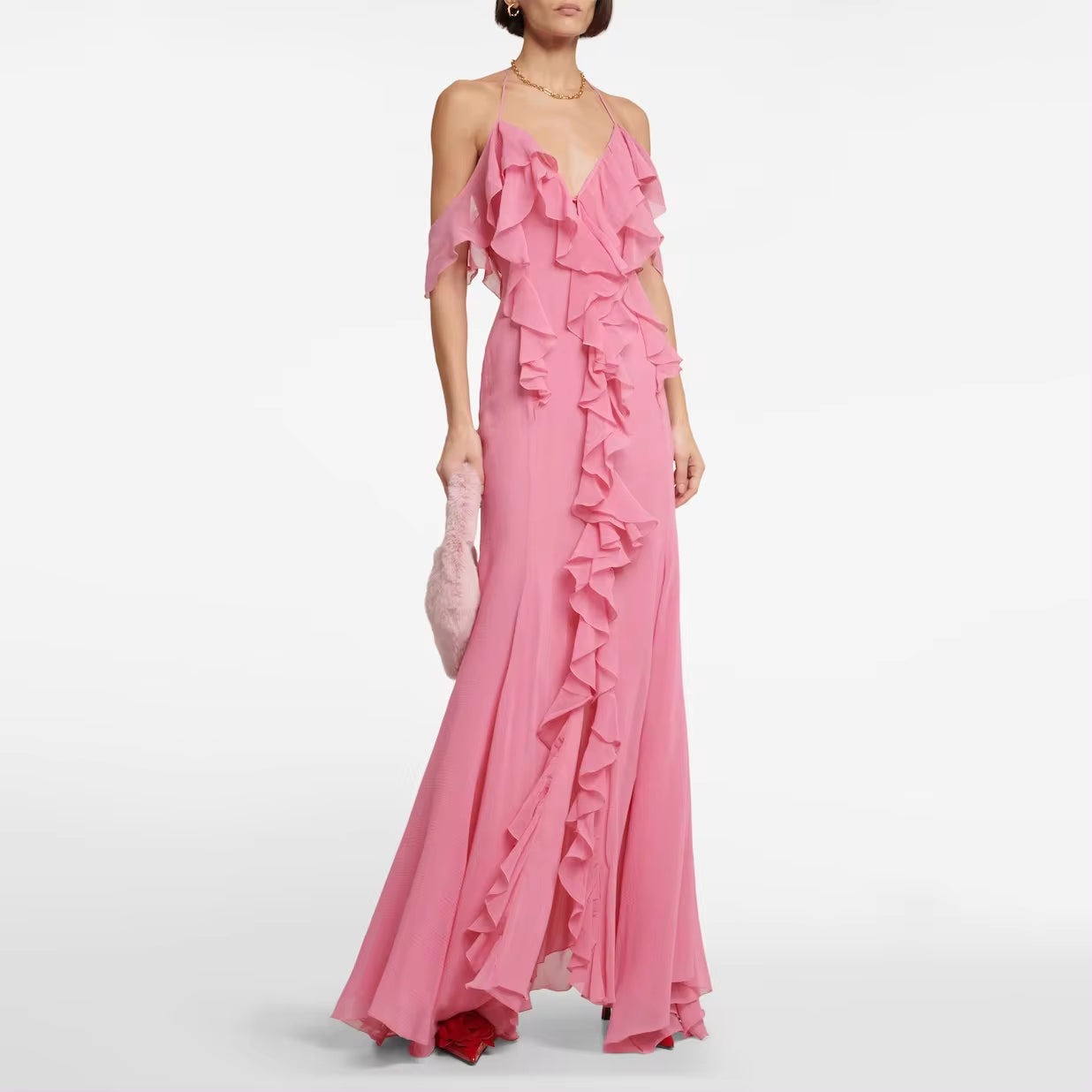 Elegant Backless Pink Dress with Deep V-Neck and Slit