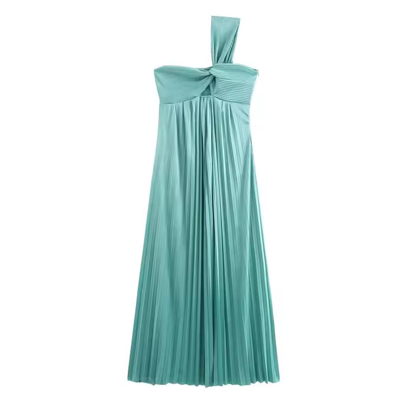 Elegant Backless Pleated Diagonal Maxi Dress for Women