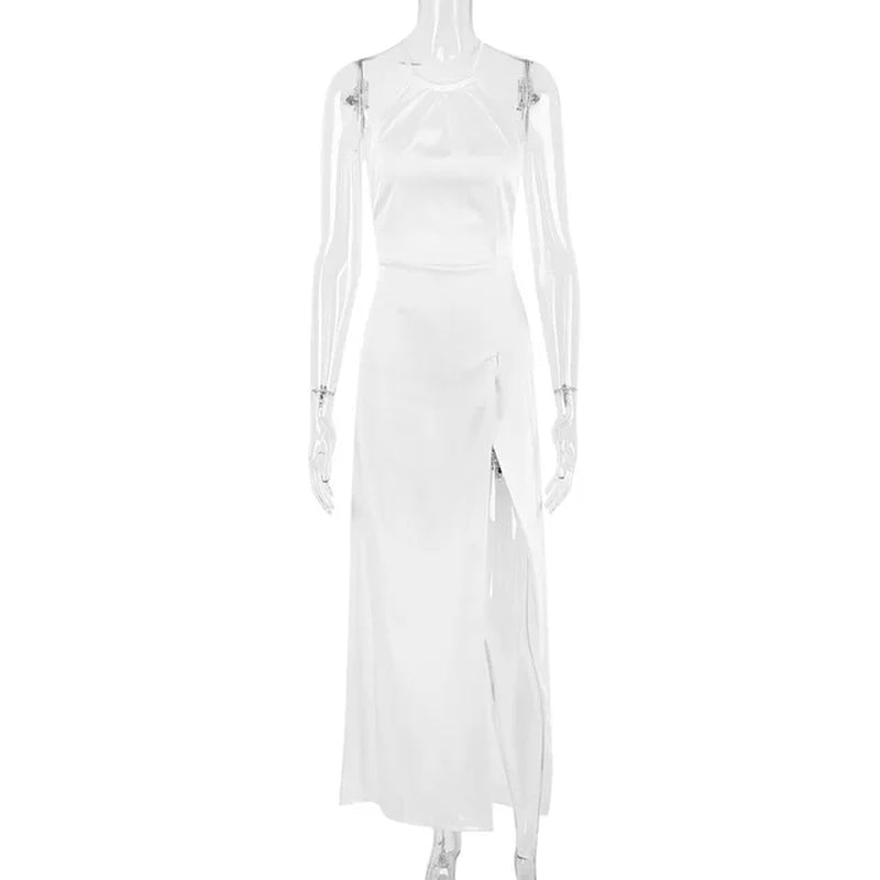 Elegant Backless Satin Halter Midi Dress for Summer