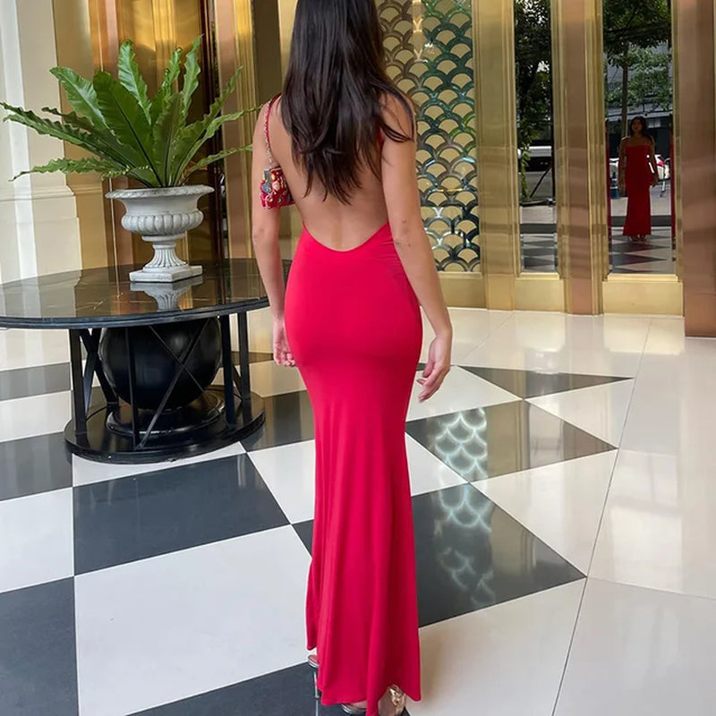 Elegant Backless Solid Maxi Dress for Spring Events