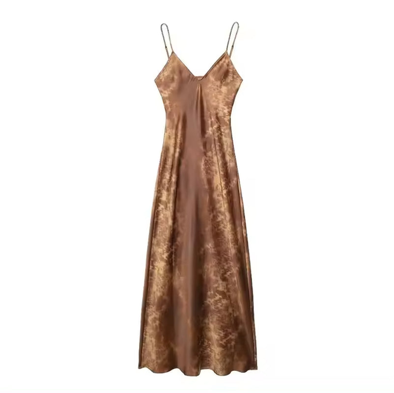 Elegant Backless V-Neck Midi Satin Dress for Women
