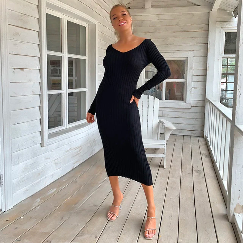 Elegant Backless V-Neck Sweater Dress for Women