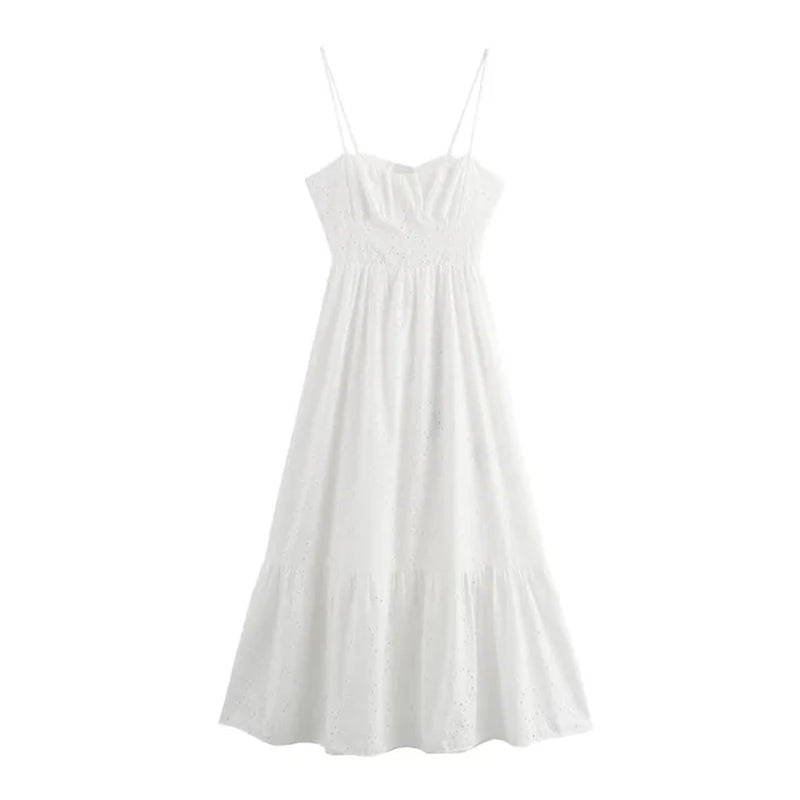 Elegant Backless White Midi Dress with Hollow Embroidery