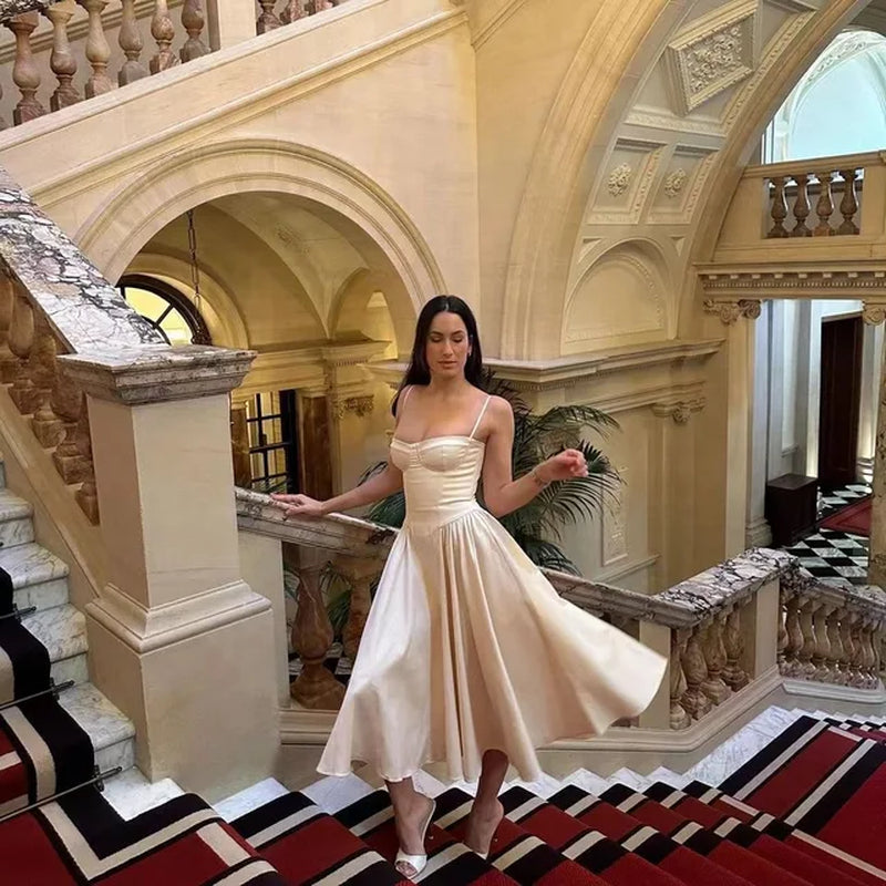 Elegant Beige Spaghetti Strap Bodycon Evening Dress