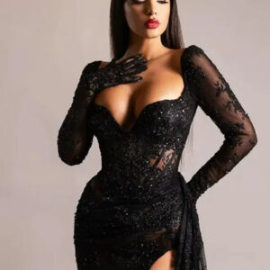 Elegant Black Lace Mini Dress with Sequins and V Neck