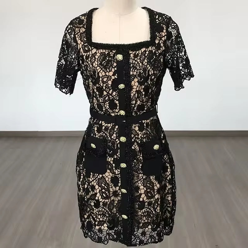 Elegant Black Lace Mini Dress with Short Sleeves